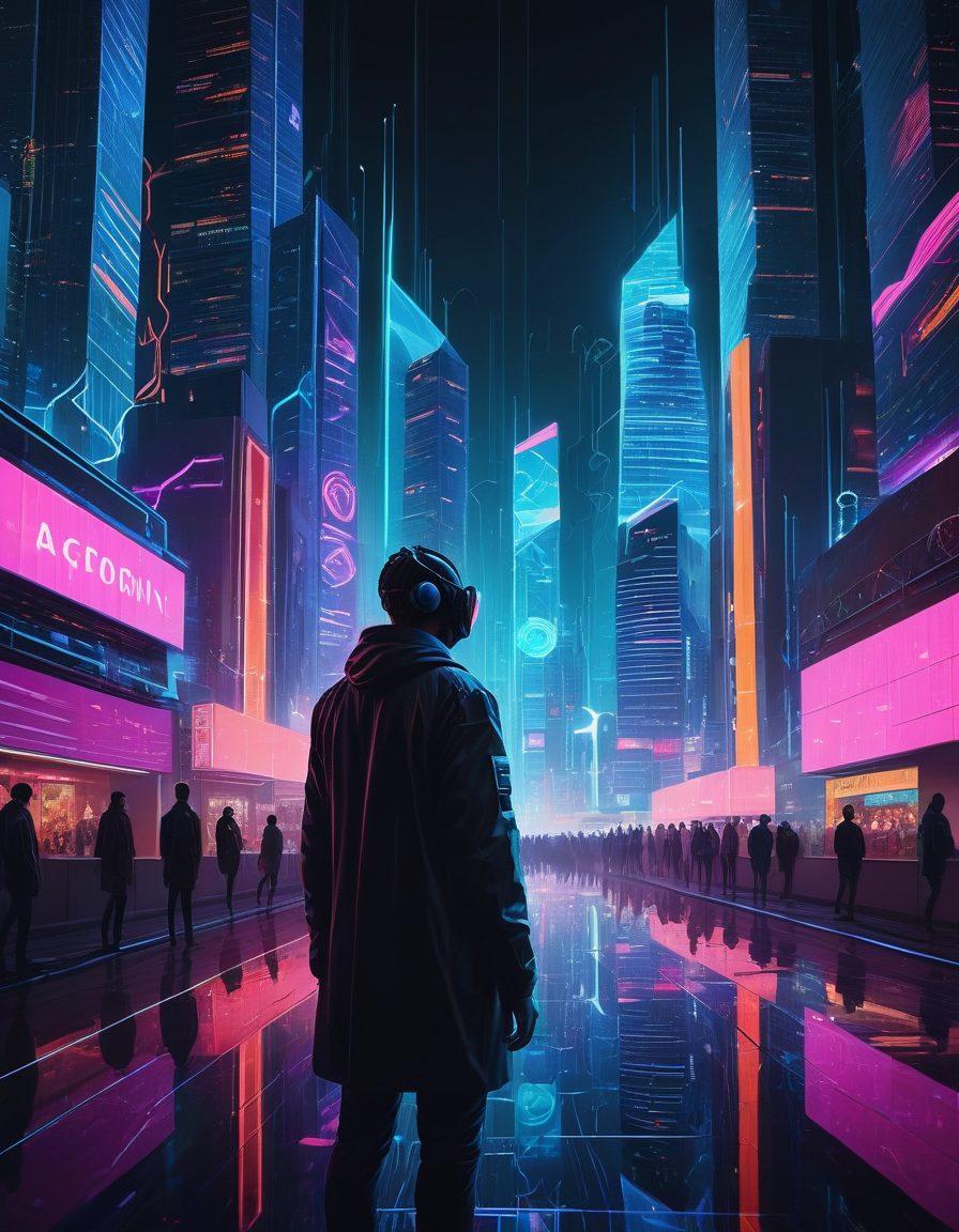 A digital landscape featuring an abstract representation of cyber identity, merging elements like masked figures, digital fingerprints, and floating data streams. The background should showcase a blend of dark web aesthetics with glowing privacy icons, symbolizing the tension between anonymity and exposure. Integrate a futuristic city skyline to represent the evolving internet landscape. vibrant colors. 3D. cyberpunk.