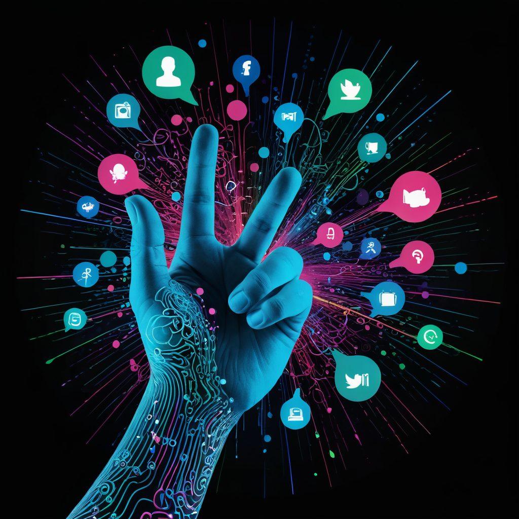 An abstract representation of digital identity with a blend of iconic social media symbols, biometric patterns, and vibrant, flowing data streams. The background transitions from dark to light, symbolizing transformation and enhancement. Include a silhouette of a person reaching out to touch the digital elements, illustrating connection and engagement. super-realistic. vibrant colors. 3D.