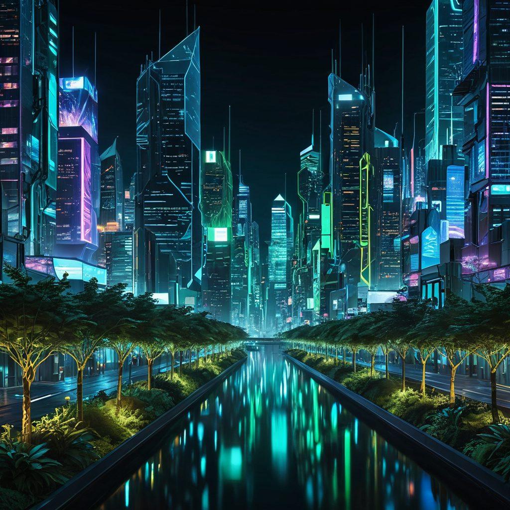 A futuristic landscape showcasing a digital cityscape intertwined with organic elements, representing decentralized identities. Visualize holographic avatars interacting with various platforms, symbolizing online presence and personal data navigation. Incorporate floating binary code and luminous pathways to depict connectivity and innovation. A vibrant color palette emphasizing blues and greens for a tech-savvy feel. cyberpunk. super-realistic.